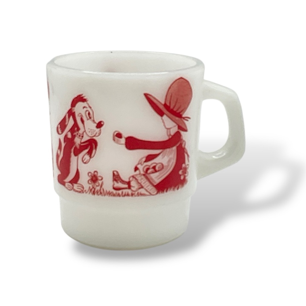 Vintage Mug Holly Hobbie Dog Milk Glass Coffee Tea Cup Thermocrisa 70s Red White